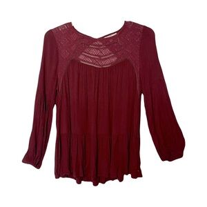Entro | Burgundy Crepe Ruffled Balloon Sleeve Crochet Peasant Blouse Top, Large